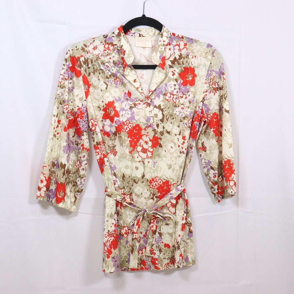 Cos Cob Floral‎ Blouse Small Multicolor Womens Belted V-Neck Tunic